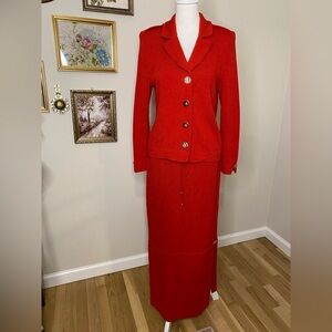 St John Collection 2 Piece Red Maxi Skirt Knit Suit W Gold Branded Buttons S/M